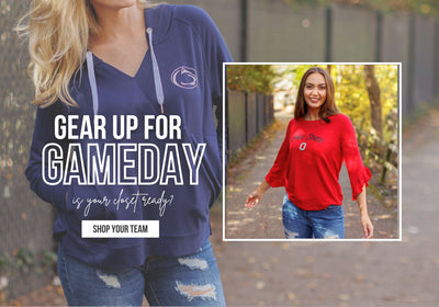 women in blue penn state sweatshirt women in red ohio state shirt