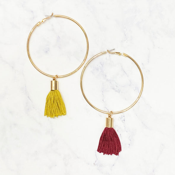 Mixed Tassel Hoops - Vegas Gold/Garnet